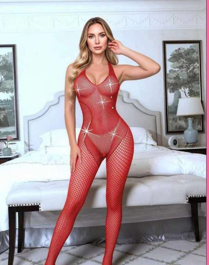 Kırmızı Taşlı File Body Çorap