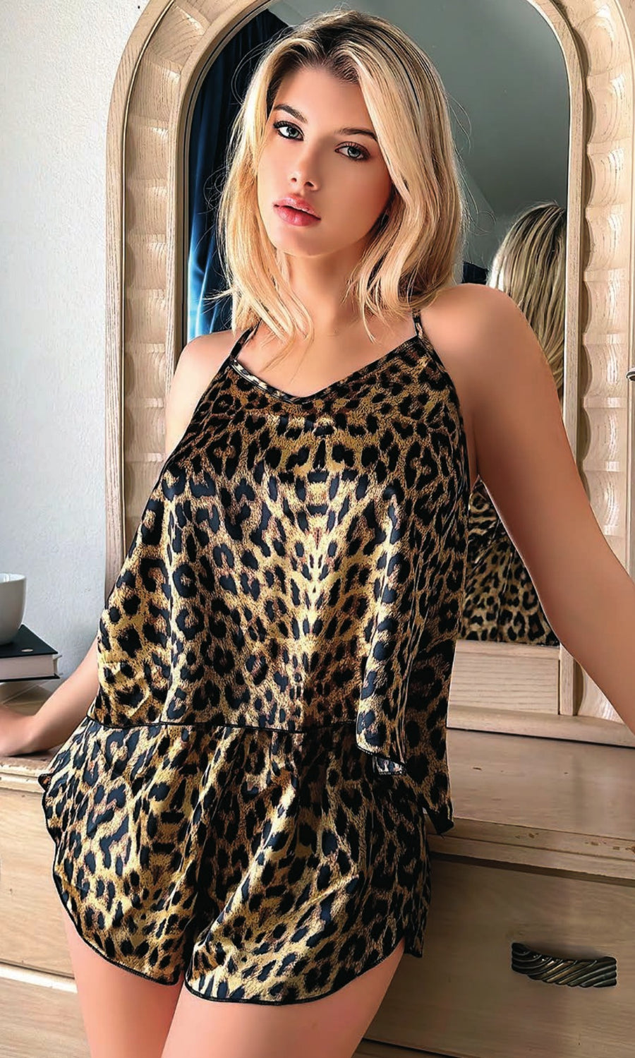 Leopar Desenli Saten Şort Takımı