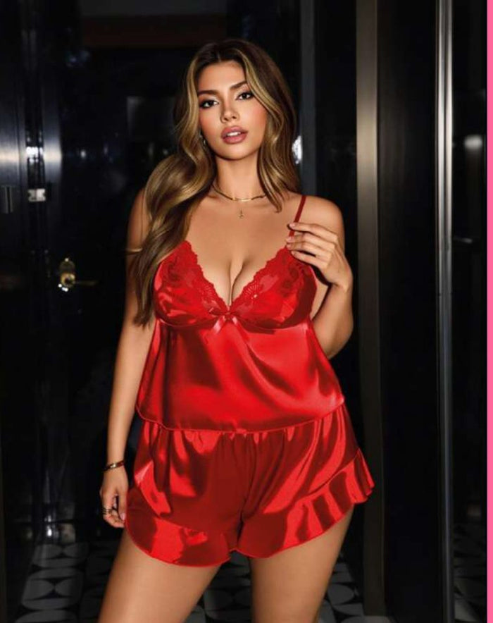 Kırmızı Dantel Detaylı Büyük Beden Pijama Takımı