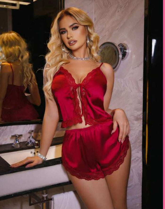Bordo Saten Pijama Takımı