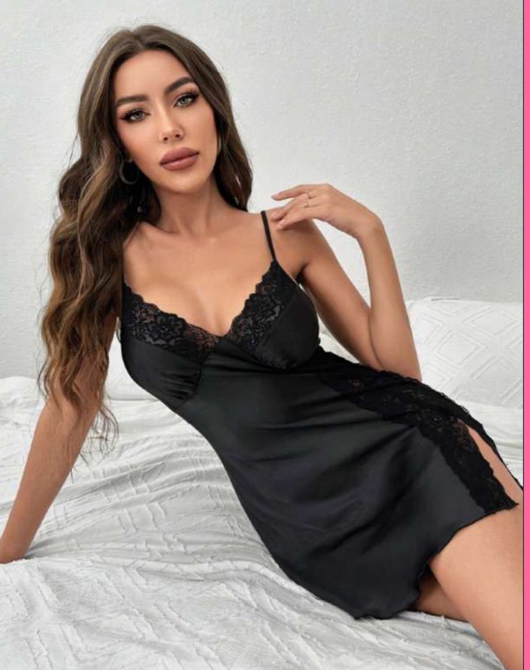 Siyah Saten Dantelli Mini Gecelik