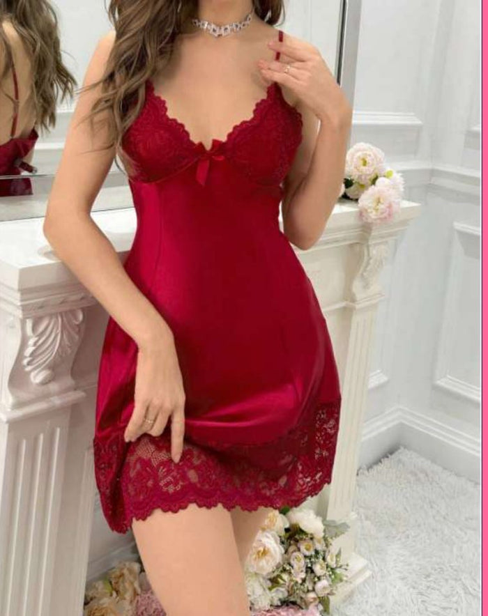 Bordo Saten Dantelli Mini Gecelik