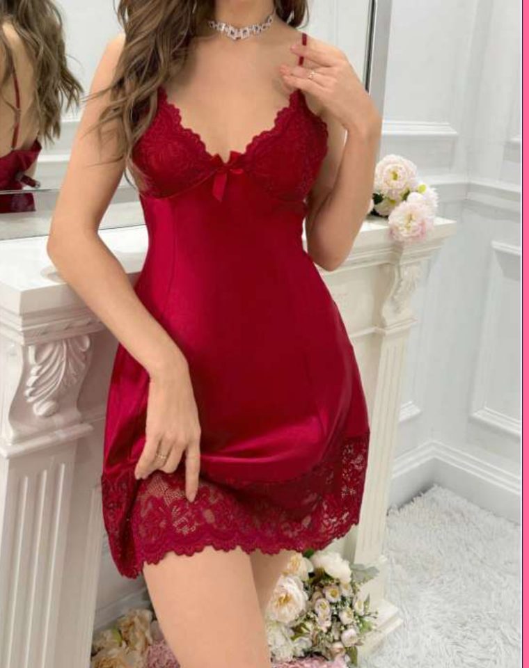 Bordo Saten Dantelli Mini Gecelik