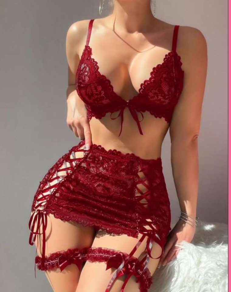 Bordo Bağcıklı Jartiyerli Takım