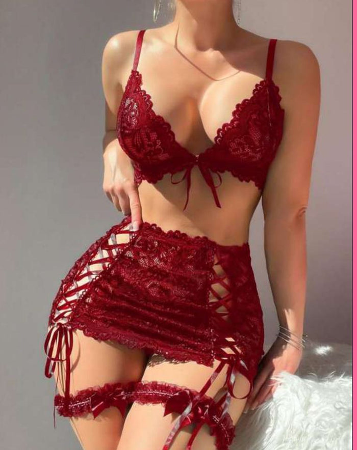 Bordo Bağcıklı Jartiyerli Takım
